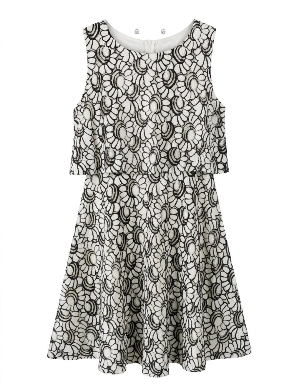 SAMLIN Ladies Black White Floral Lace Tiered Sleeveless Dress Small